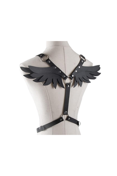 Women's gothic faux leather angel wings body harness by Scandals, adjustable accessory for cosplay and parties.