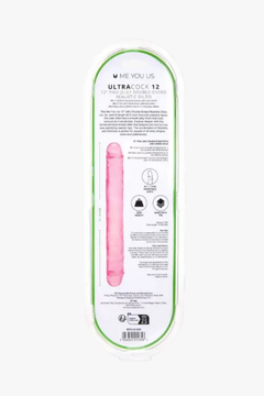 Me You Us UltraCock Pink Jelly 12" Double Ended Dildo in a sensual setting, epitomising luxury and intimacy as a must-have double ended dildo for adventures.