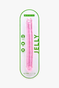 Stylish presentation of Me You Us UltraCock Pink Jelly 12" Double Ended Dildo against a sophisticated backdrop, showcasing its premium features as a double ended dildo.