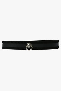 Close-up of S&M Black Day Collar with O-Ring showcasing its soft, lined interior for all-day comfort and elegant black design.