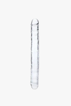Me You Us 15 inch Clear Jelly Double Ended Dildo showcasing its sleek and luxurious design, ideal for versatile couples play.