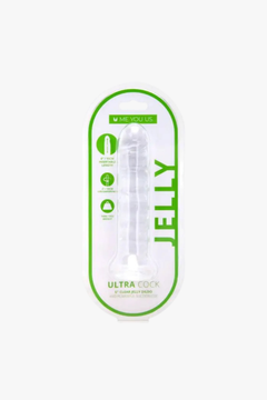 Close-up of the Me You Us Clear Realistic Jelly Dildo Dong highlighting the soft texture and sleek form of the Clear Jelly Dong.