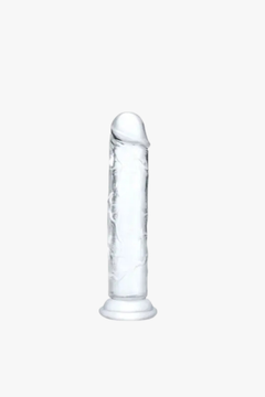 Artistic image of the Me You Us Clear Realistic Jelly Dildo Dong with a focus on its clean, transparent design and smooth shaft.
