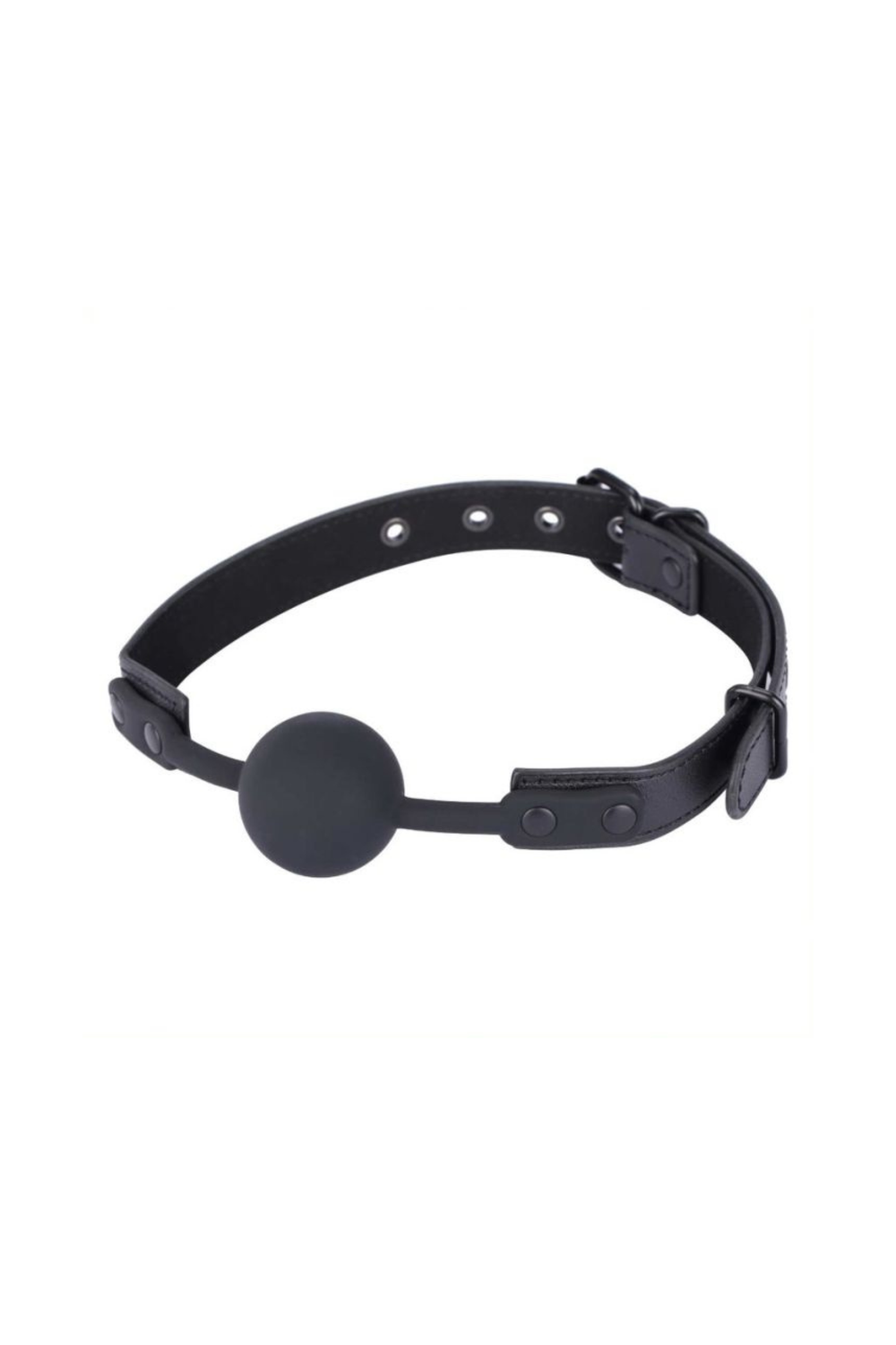 Black silicone and faux leather ball gag by Me You Us, featuring adjustable straps and a smooth, rounded ball for gagging.