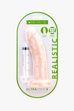 Elegant presentation of Me You Us UltraCock 8" Realistic Squirting Dildo, designed for pleasure enthusiasts exploring luxurious fantasies.