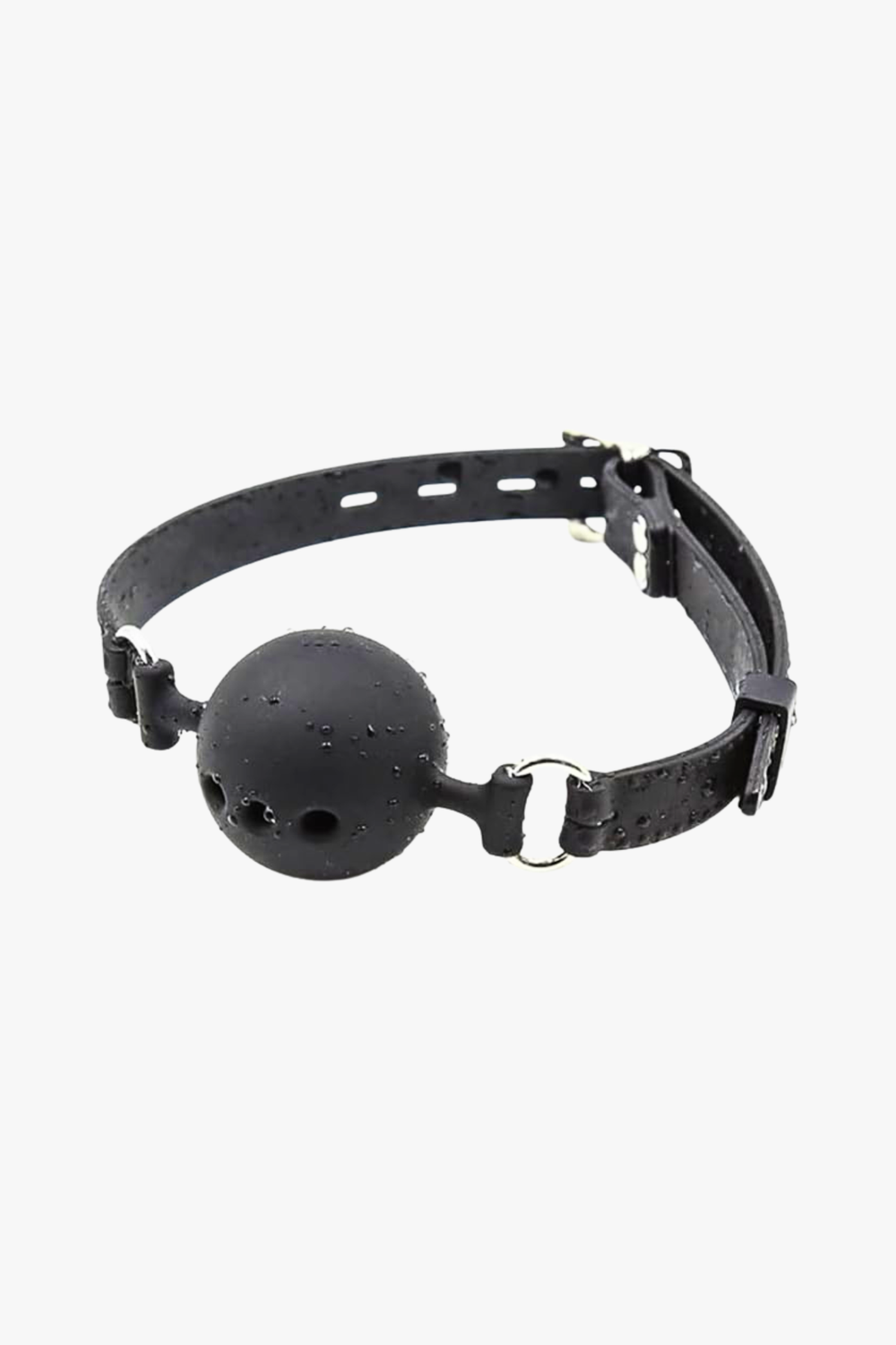 Silicone breathable ball gag by Scandals with faux stitching, lockable and comfortable, available in small, medium, and large sizes.