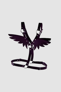Women's Gothic PU faux leather angel wings body harness with adjustable straps, ideal for cosplay and party accessories.