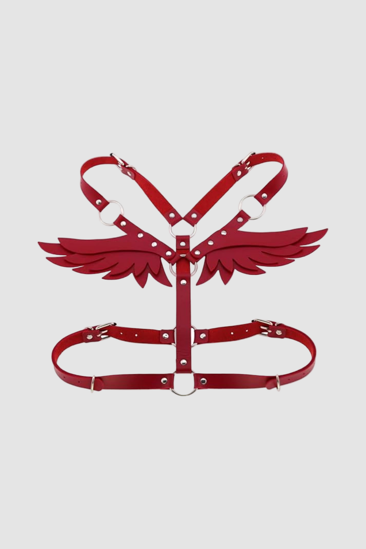 Women's Gothic black faux leather angel wings body harness with adjustable straps, ideal for cosplay and costume parties.