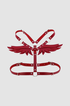 Women's Gothic black faux leather angel wings body harness with adjustable straps, ideal for cosplay and costume parties.