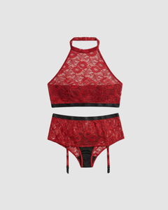 Model elegantly displaying the Aria Crotchless Red Lace Plus Size Suspender Set, embodying confidence and allure, perfect for those seeking a luxurious suspender lingerie set to enhance their curves.