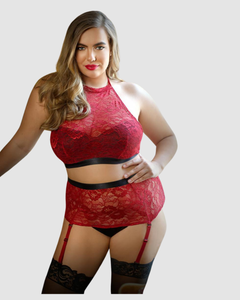 Stylish arrangement of the Aria Crotchless Red Lace Plus Size Suspender Set, featuring a halter bra and matching crotchless panties, designed to elevate your lingerie collection with this luxurious suspender lingerie set.