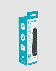 Elegant presentation of the Rambo Black 7.5 Realistic Vibrator, demonstrating its curved shaft tailored for G-spot stimulation, a hallmark of luxury in the realistic vibrator category.