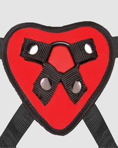 Lux Fetish Heart Strap On Harness & Dildo Set with interchangeable O-rings, enhancing versatility for various dildo options.