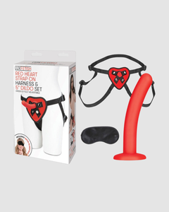 The complete Lux Fetish Heart Strap On Harness & Dildo Set showcasing the 5 inch neutral dildo, ideal for those new to strap-on experiences.