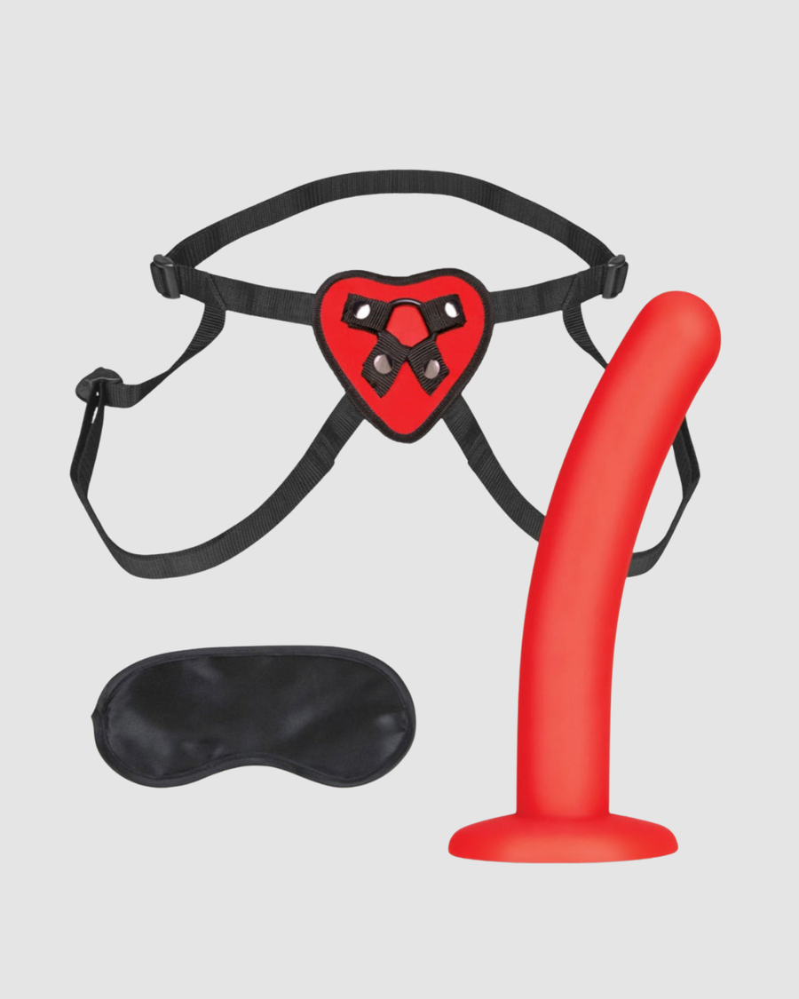 Lux Fetish Heart Strap On Harness & Dildo Set featuring a sophisticated red design with adjustable straps, perfect for beginners and enhanced comfort.
