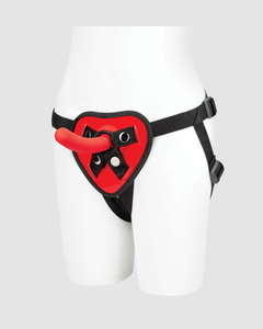 A detailed view of the Lux Fetish Heart Strap On Harness & Dildo Set including the padded front panel for ultimate support during intimate play.