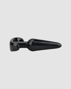 Close-up of the Loving Joy Black Butt Plug highlighting the smooth tapered tip designed for easy insertion and pleasurable experiences.
