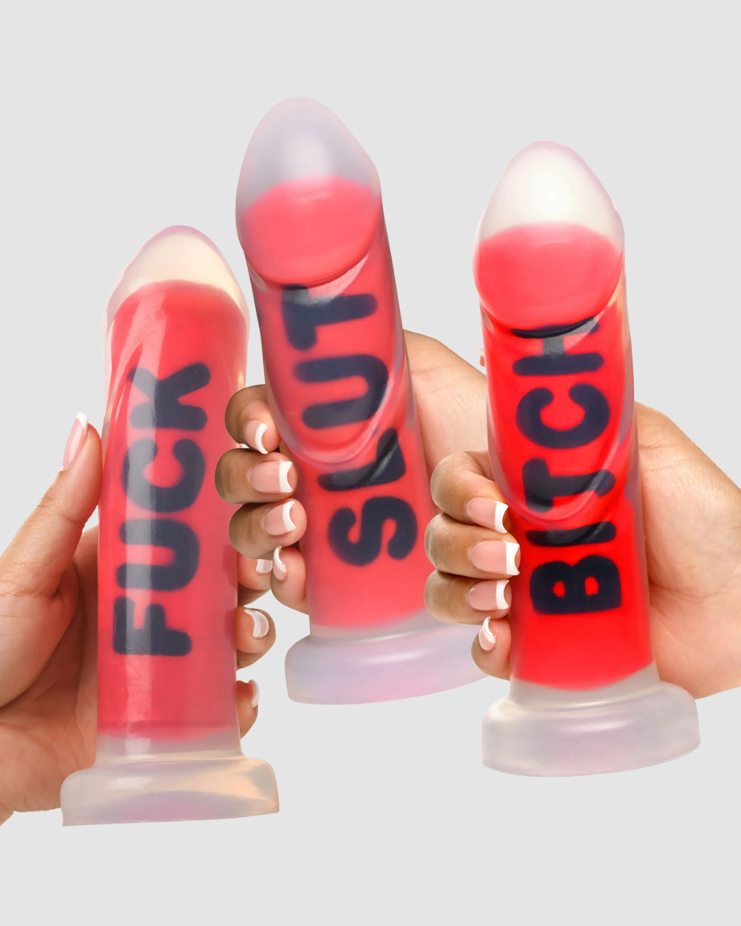 Master Series 8 Inch Silicone Dildo With Bold Embossed Words - BITCH, SLUT, FUCK
