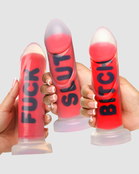 Master Series 8 Inch Silicone Dildo With Bold Embossed Words - BITCH, SLUT, FUCK