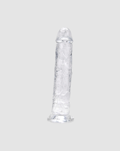 Loving Joy 7.5-inch suction cup jelly dildo with textured surface for hands-free pleasure, shown on a white background.