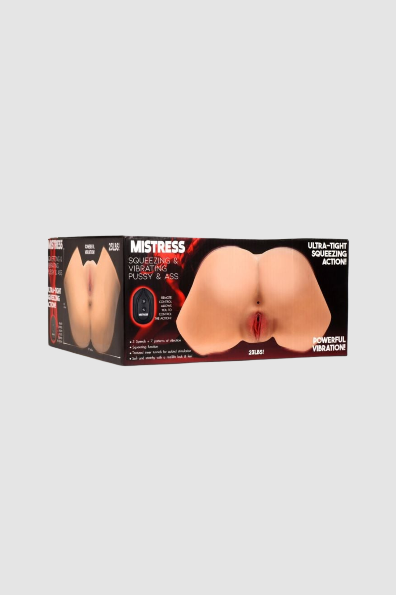 The MISTRESS Ultra-Realistic Pussy And Ass Masturbator with remote control feature, emphasising convenience alongside its luxurious design.