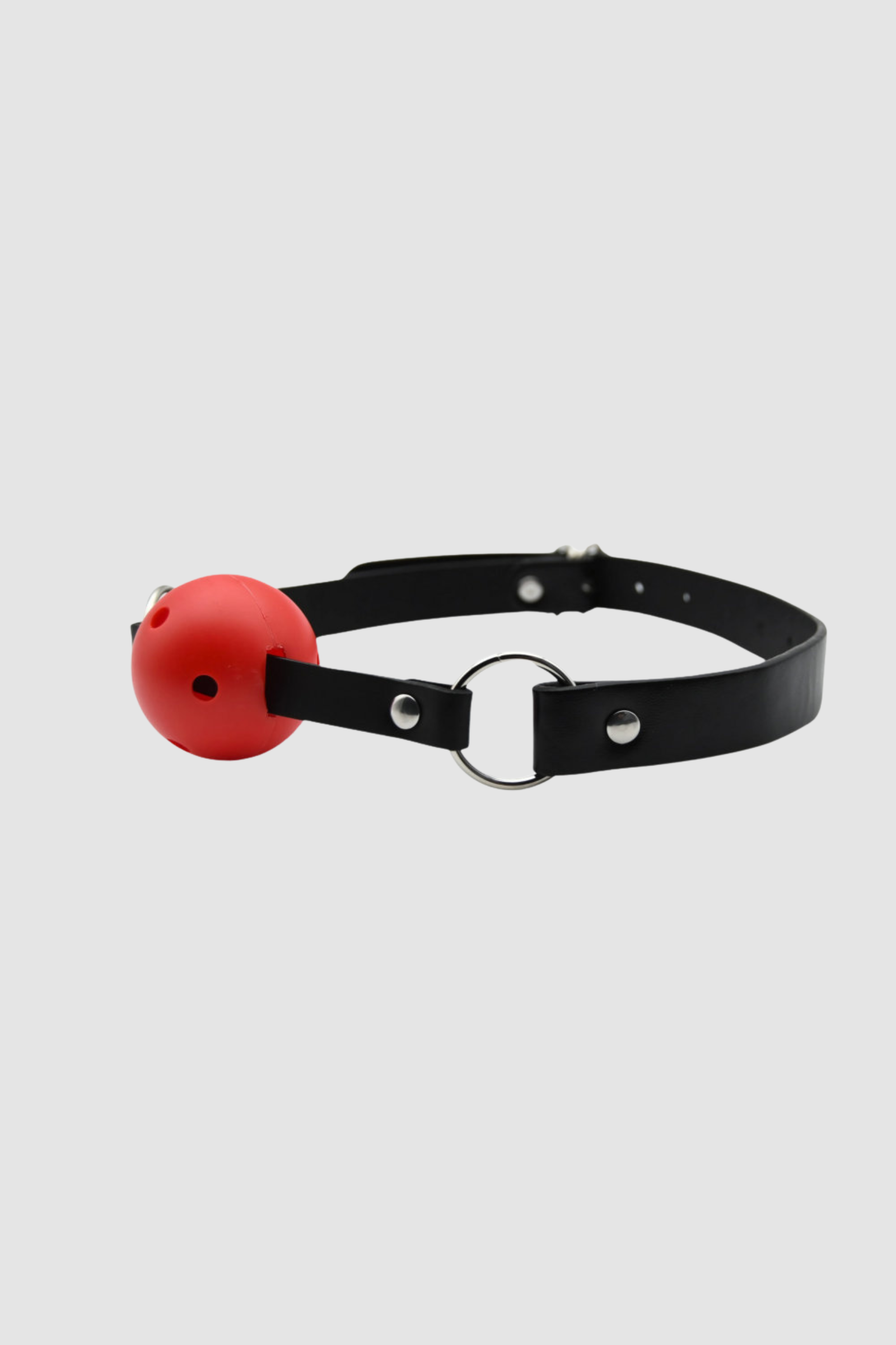 Red and black breathable ball gag by Bound to Play, adjustable 4.5cm BDSM accessory suitable for beginners and power play.