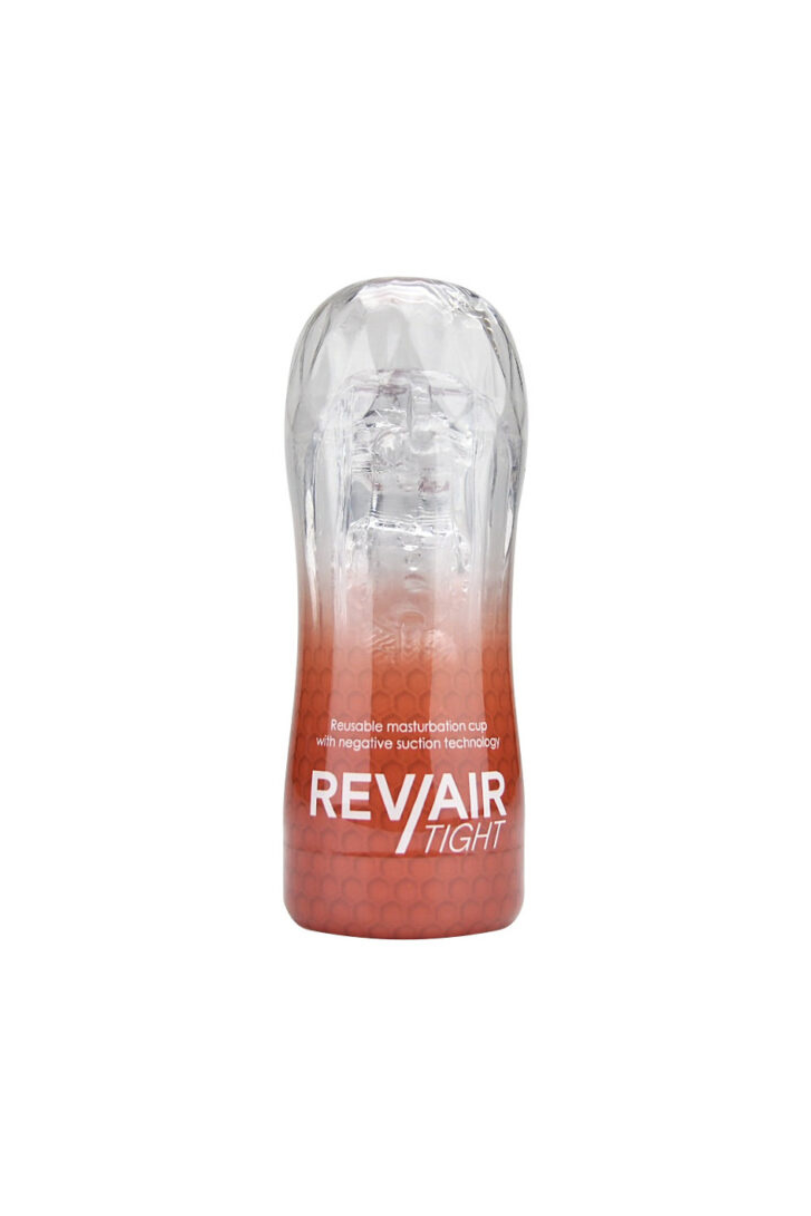 Rev-Air Tight Reusable Masturbation Cup featuring a sleek design with transparent hard case for visual pleasure.