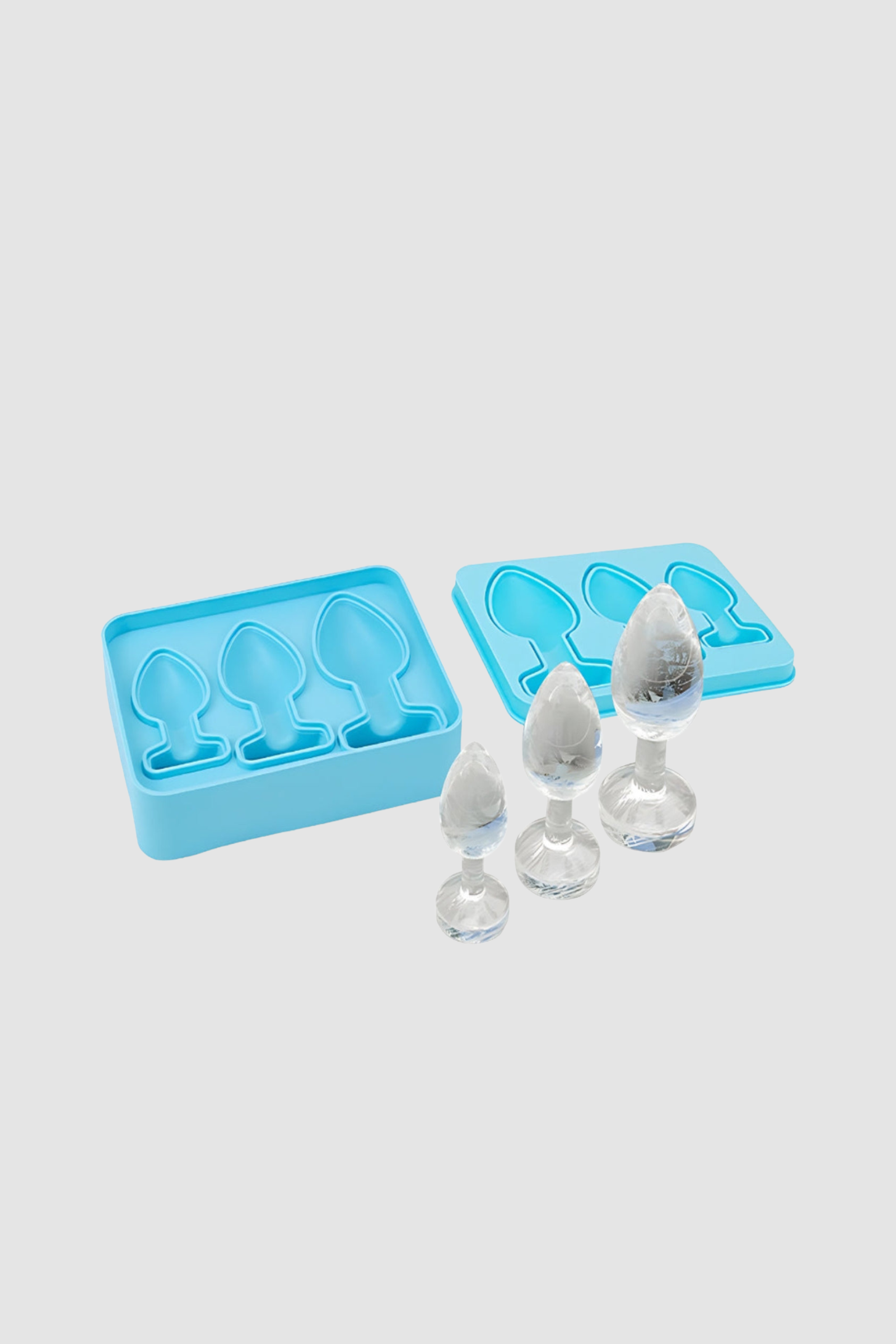 Loving Joy novelty silicone ice cube tray with three sizes, shaped like butt plugs for fun, quirky ice molds and gifts.
