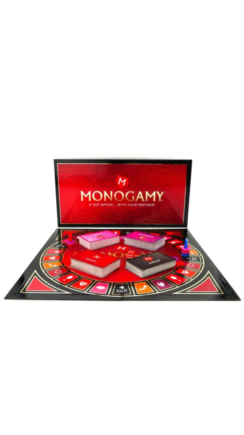 Monogamy brand dice set for intimate couple games, featuring colorful dice with romantic prompts and symbols.