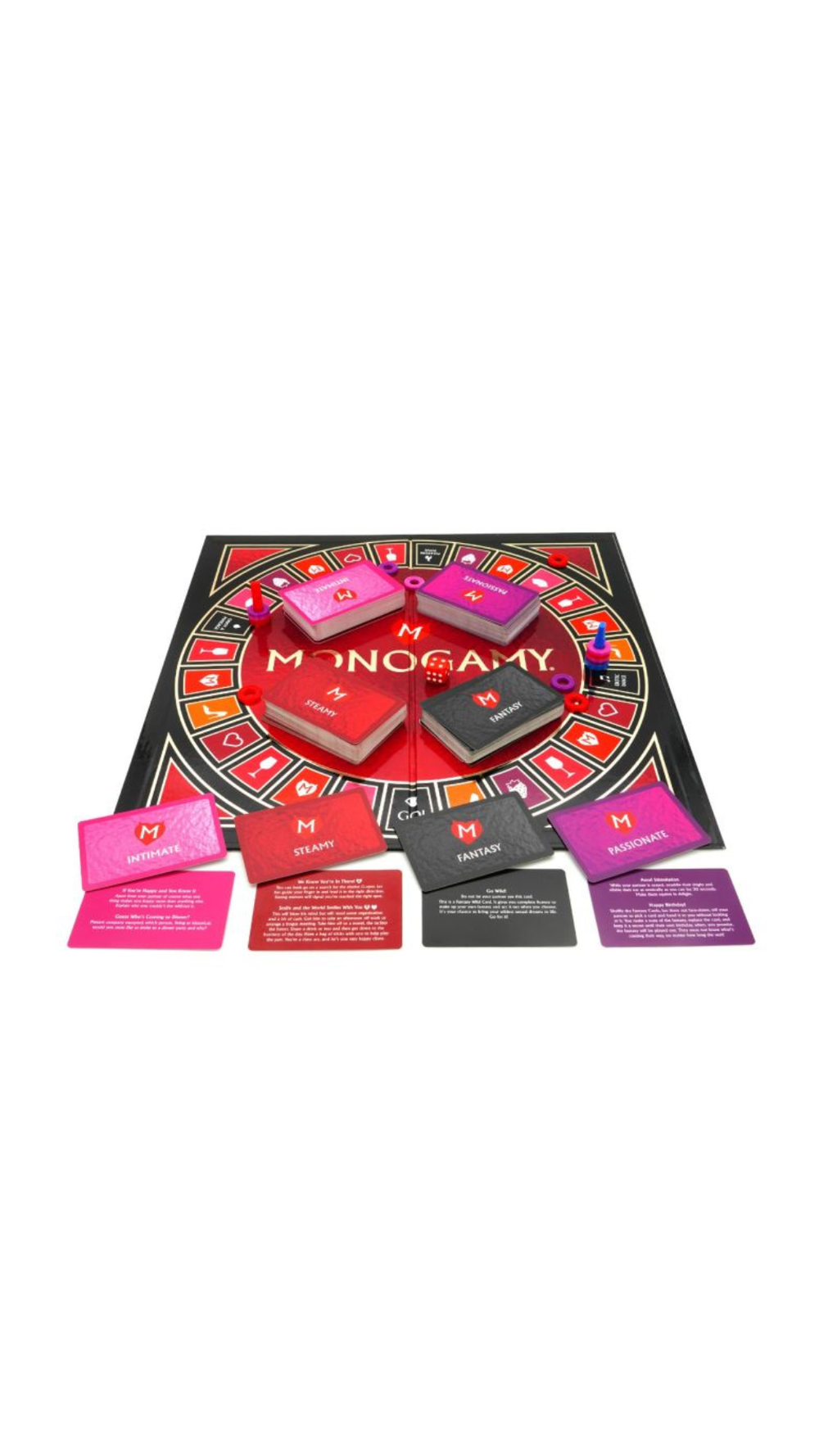 Monogamy brand dice set for couples' game, featuring colorful game pieces on a white background.