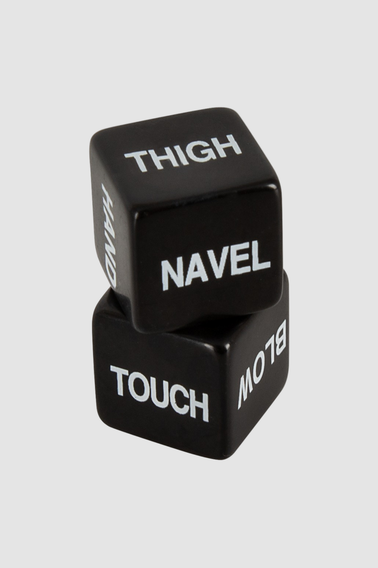 Black dice with body part labels on a white background