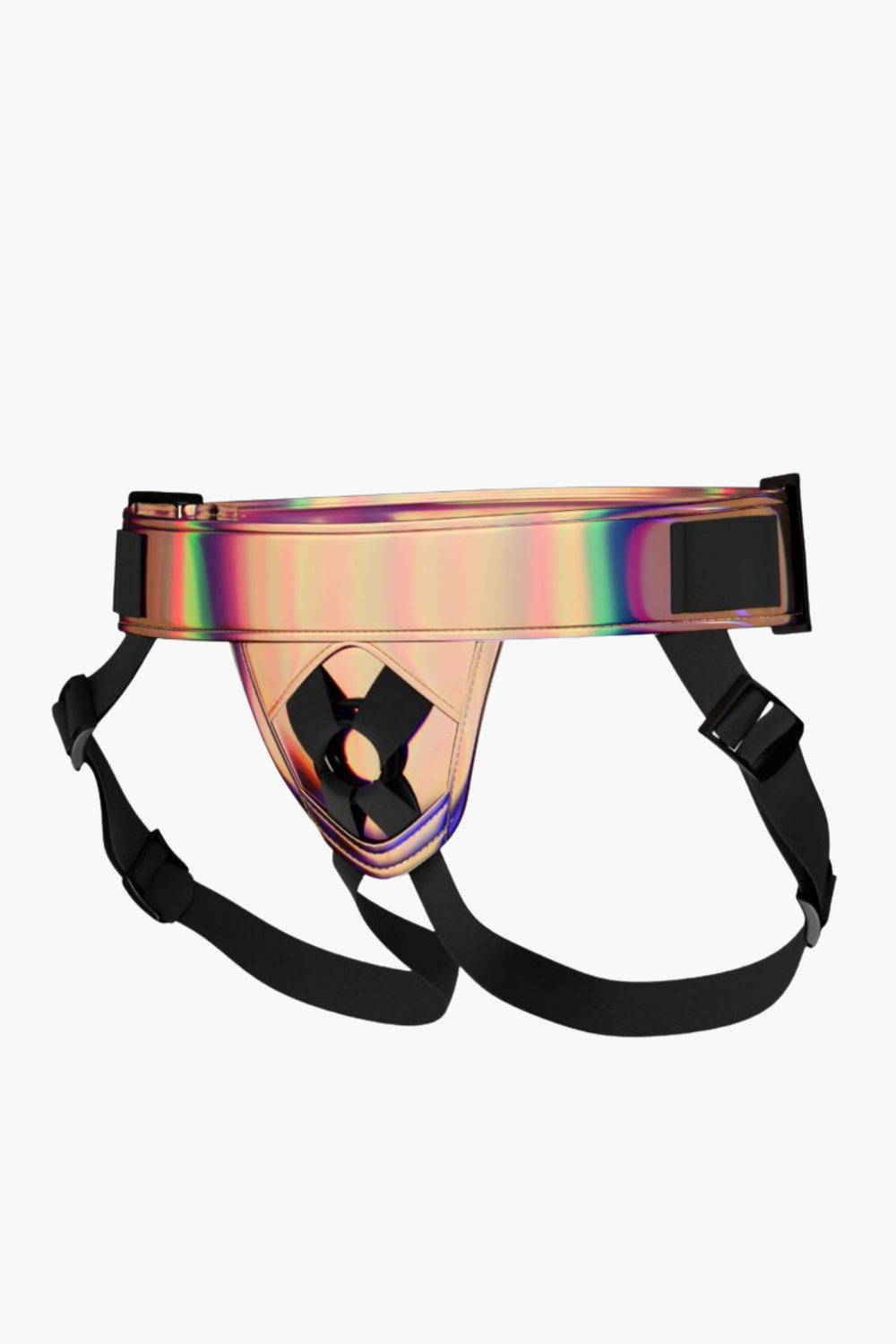 Shimmer Mina strap-on harness by 1on1 with adjustable straps and metallic finish, displayed on a plain background.