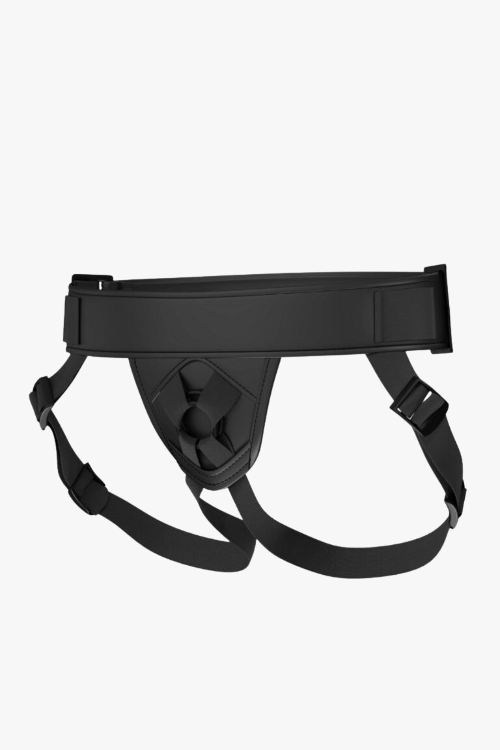 MINA Eclipse premium strap-on harness with adjustable fit and bullet pocket, shown in black with adjustable straps and comfort padding.