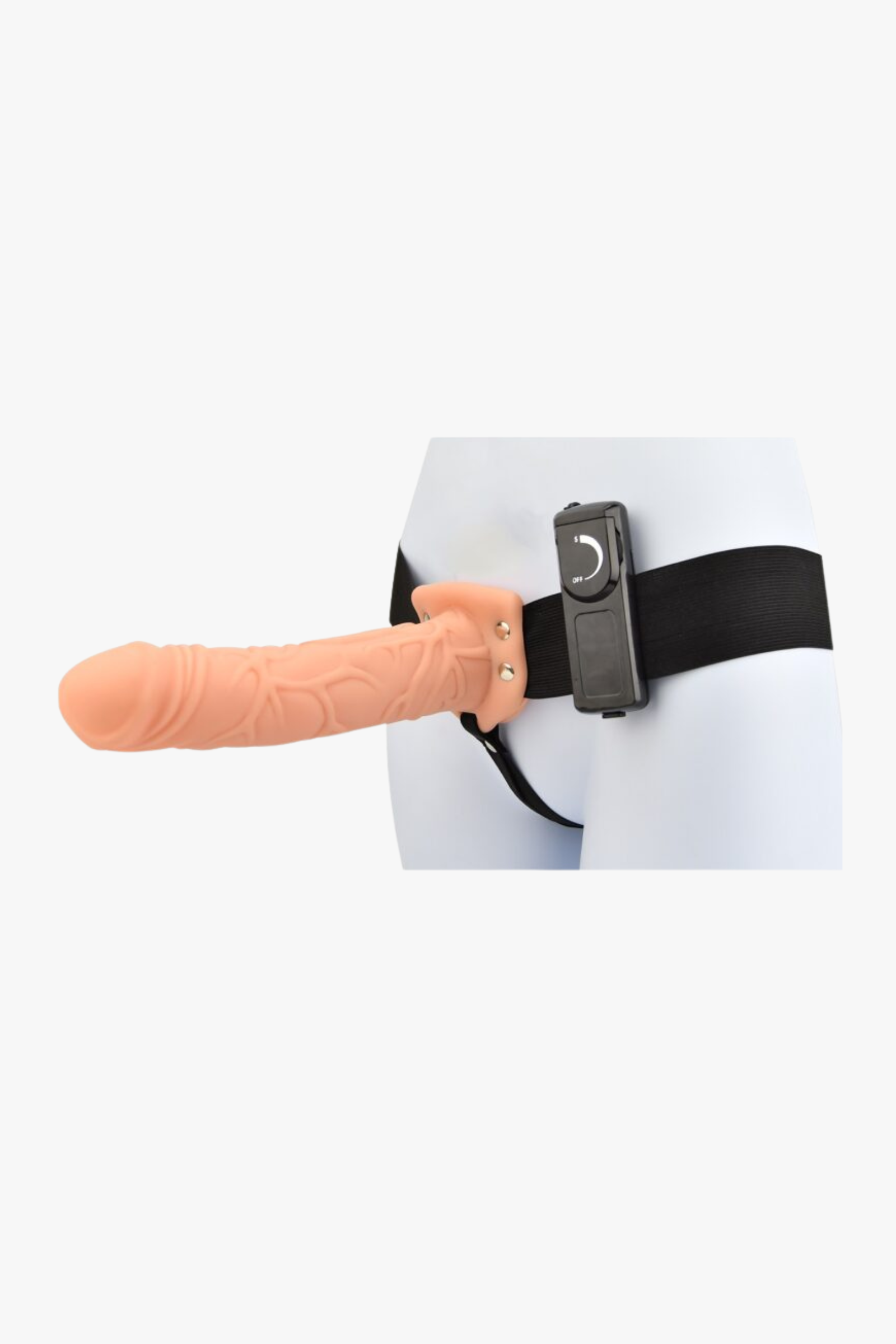 8-inch vibrating hollow strap-on by Loving Joy, featuring a vanilla color and realistic design, suitable for intimate use.