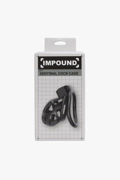 Impound Sentinel male chastity cage in metallic and ABS design, with three size options for secure male genital restraint.