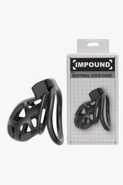 Impound Sentinal Cock Cage, male chastity device in metallic and ABS design, featuring three size options for secure fit.