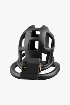Impound Sentinal male chastity cock cage in metallic and ABS design, with three size options for secure, comfortable wear.