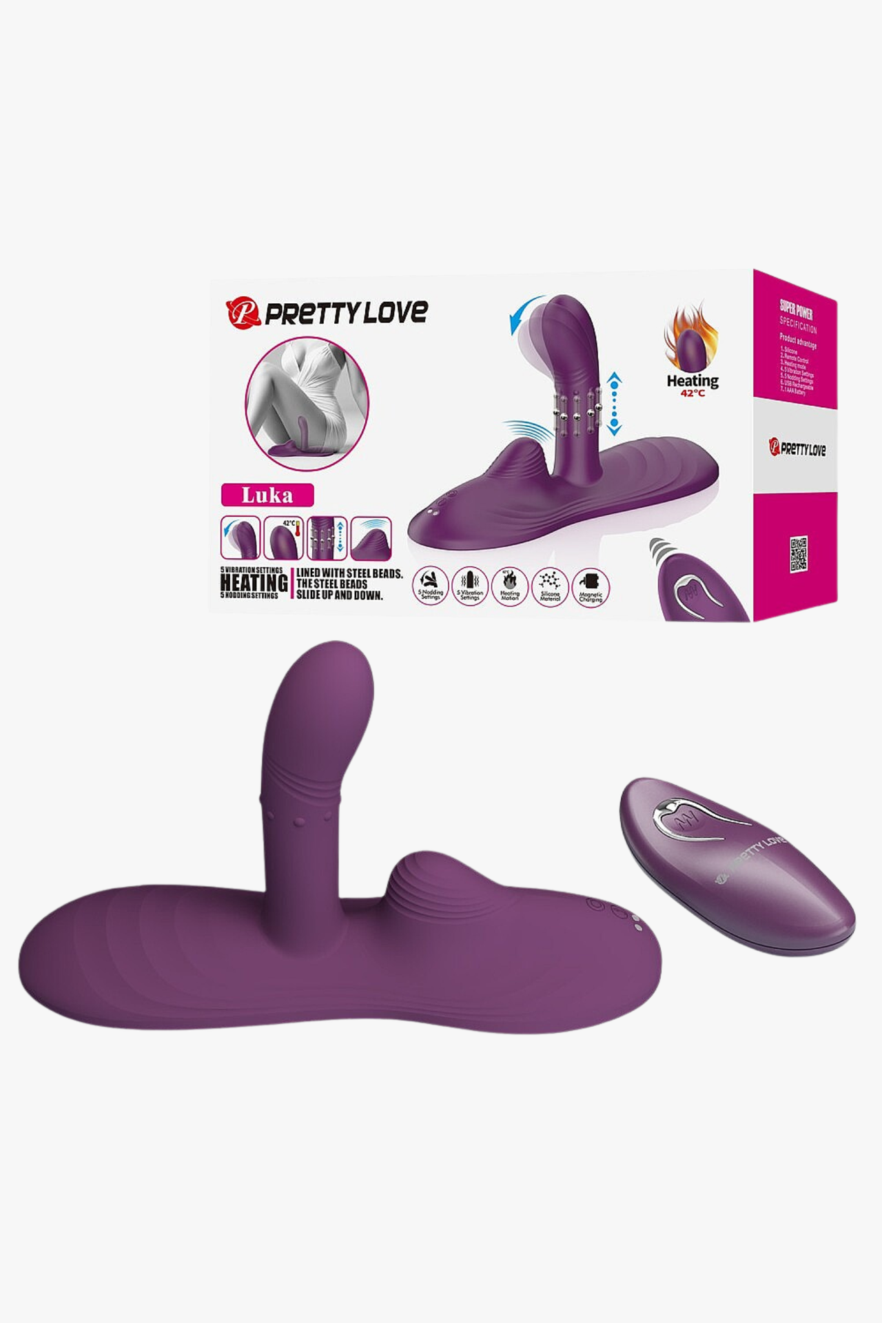 Purple toy with packaging and branding on a white background