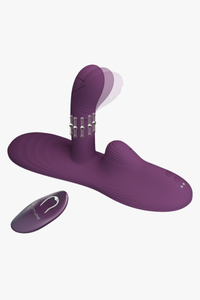 Purple electronic device with remote control on a white background