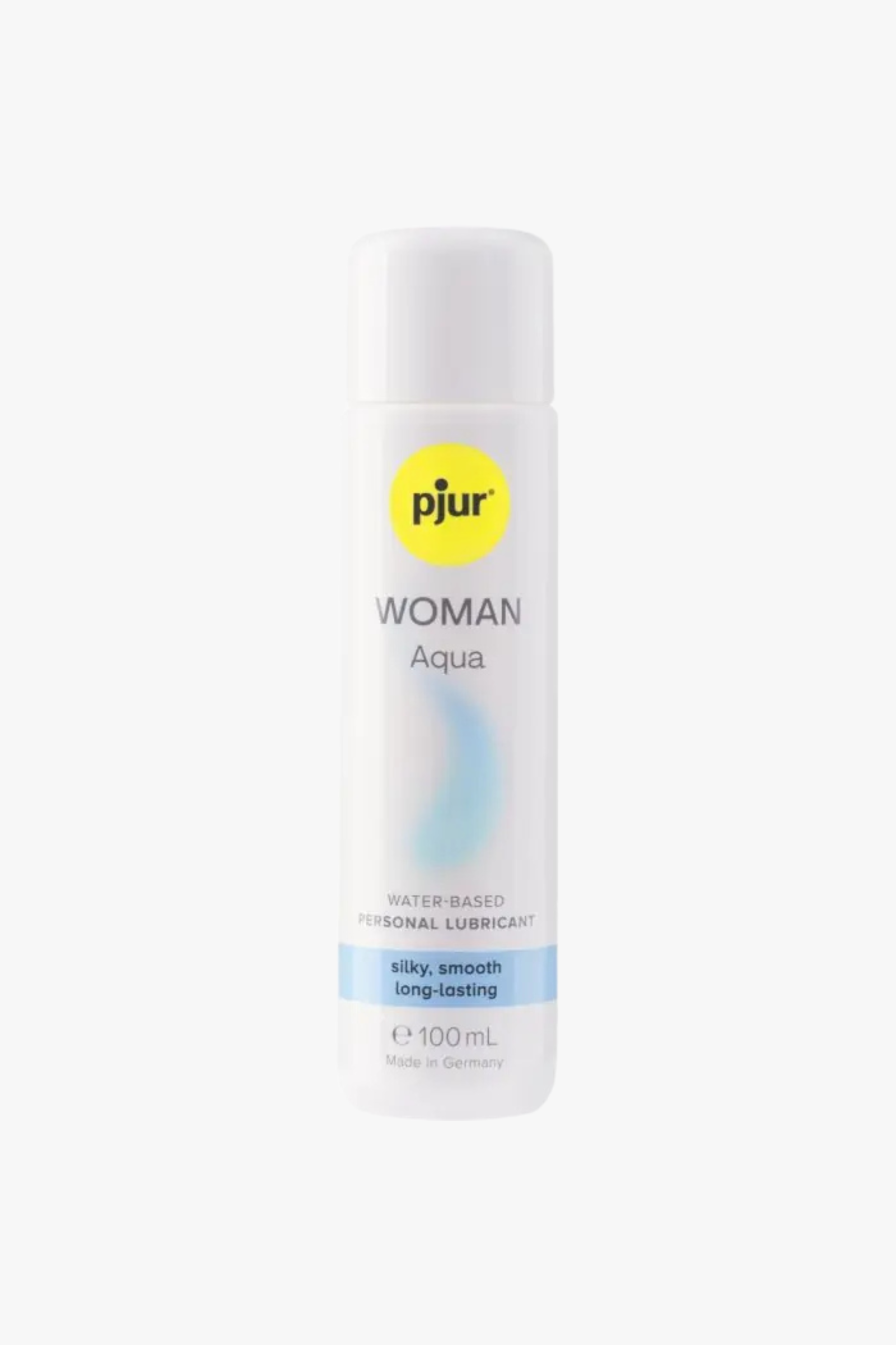 Pjur Woman Aqua water-based lubricant in a clear 100ml bottle, suitable for intimate use with smooth, transparent gel.