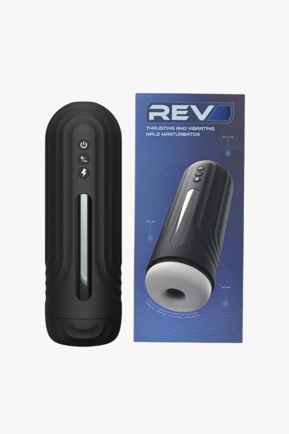 REV Thrusting and Vibrating Male Masturbator, rechargeable men's toy with realistic interior and textured exterior.