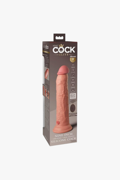 King Cock Elite 9 Inch Vibrating Silicone Dual Density Cock, demonstrating its robust design and high-quality material for an outstanding vibrating dildo experience.