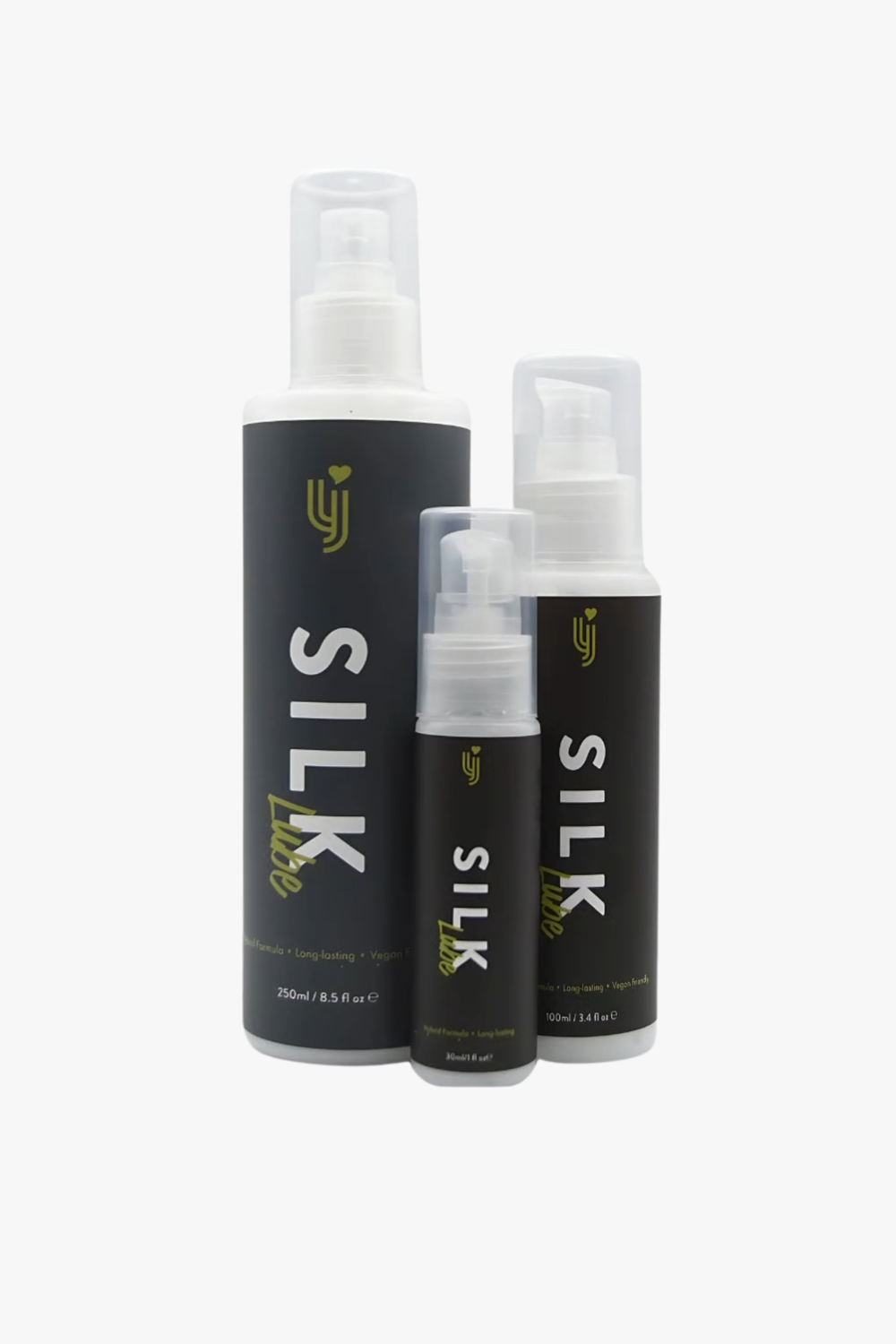 Loving Joy Silk Hybrid Lubricant bottle showing smooth, clear liquid with vegan-friendly, paraben-free formula label.