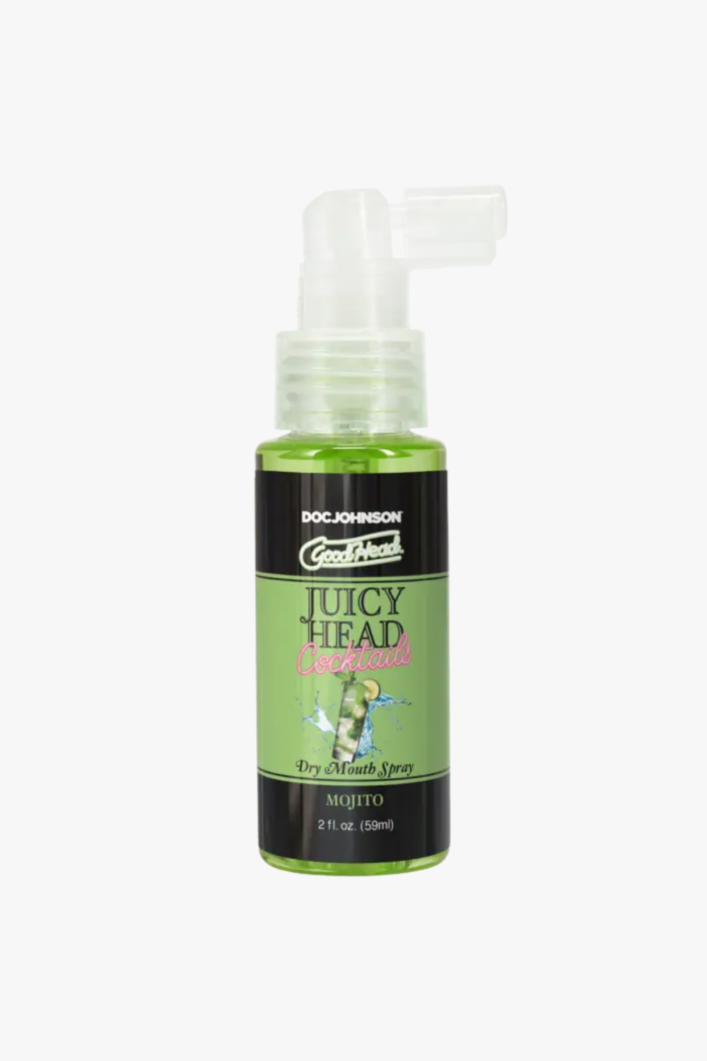 Doc Johnson GoodHead Juicy Head dry mouth spray bottle for oral sprays, showing the product packaging and spray nozzle.