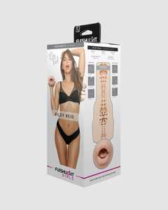 Luxury presentation of the Fleshlight Girls Riley Reid Insomnia Blow Job Masturbator with detailed annotations explaining its key features for an informed purchase.