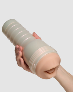 Showcase of the Fleshlight Girls Riley Reid Insomnia Blow Job Masturbator, accentuating its adjustable suction control end cap for a tailored pleasurable experience.