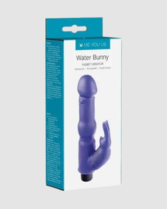 Me You Us Water Bunny Splashproof Rabbit Vibrator Purple displayed with accessories, demonstrating its versatility as a high-quality rabbit vibrator suitable for all users.