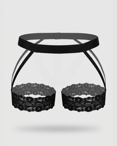 Black Male Power men's lace garter belt with attached garters, worn over men's briefs, stylish and revealing lingerie accessory.