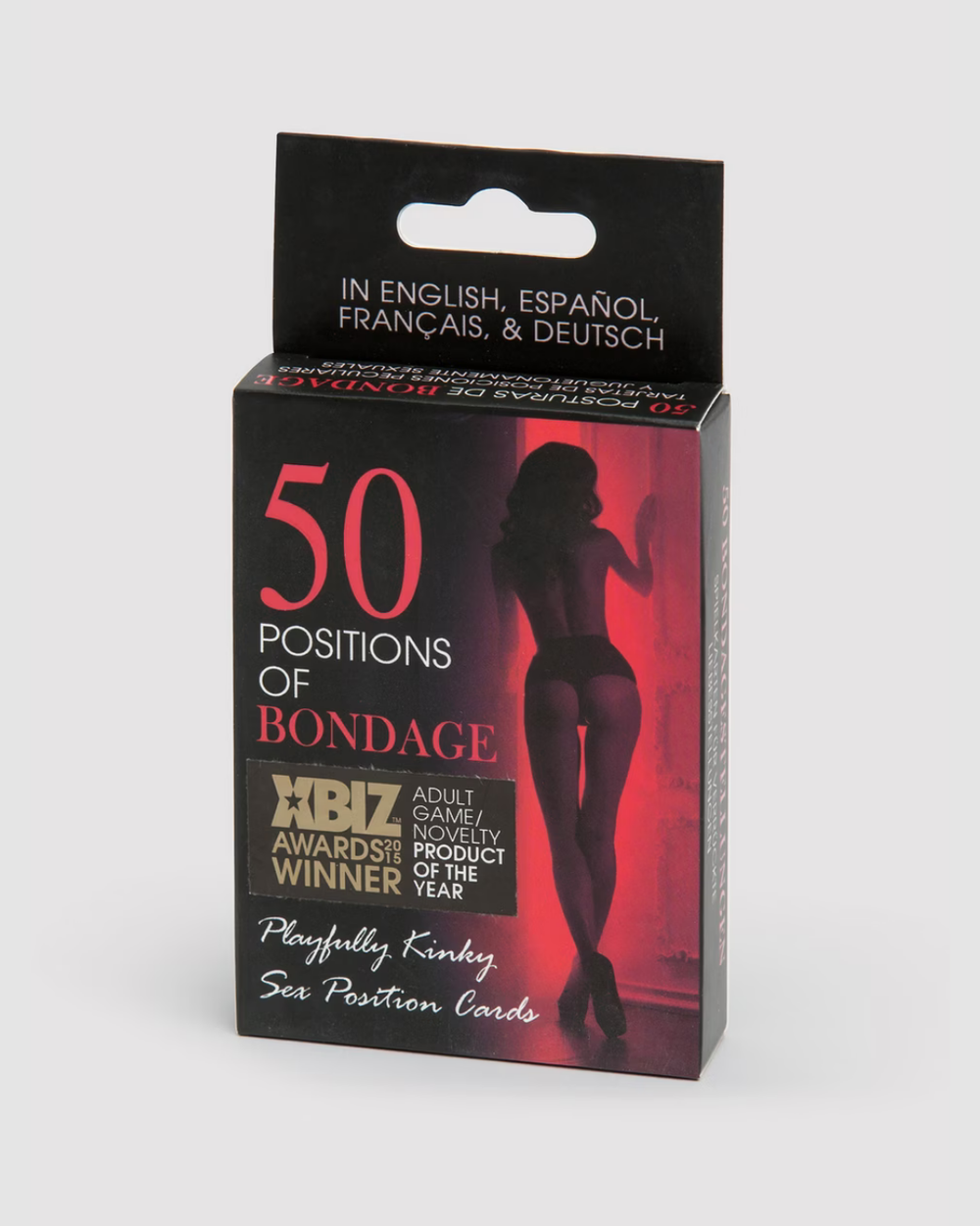 Kheper Games bondage playing cards featuring 50 kinky challenge positions for fun and fantasy with a lover, shown in the image.