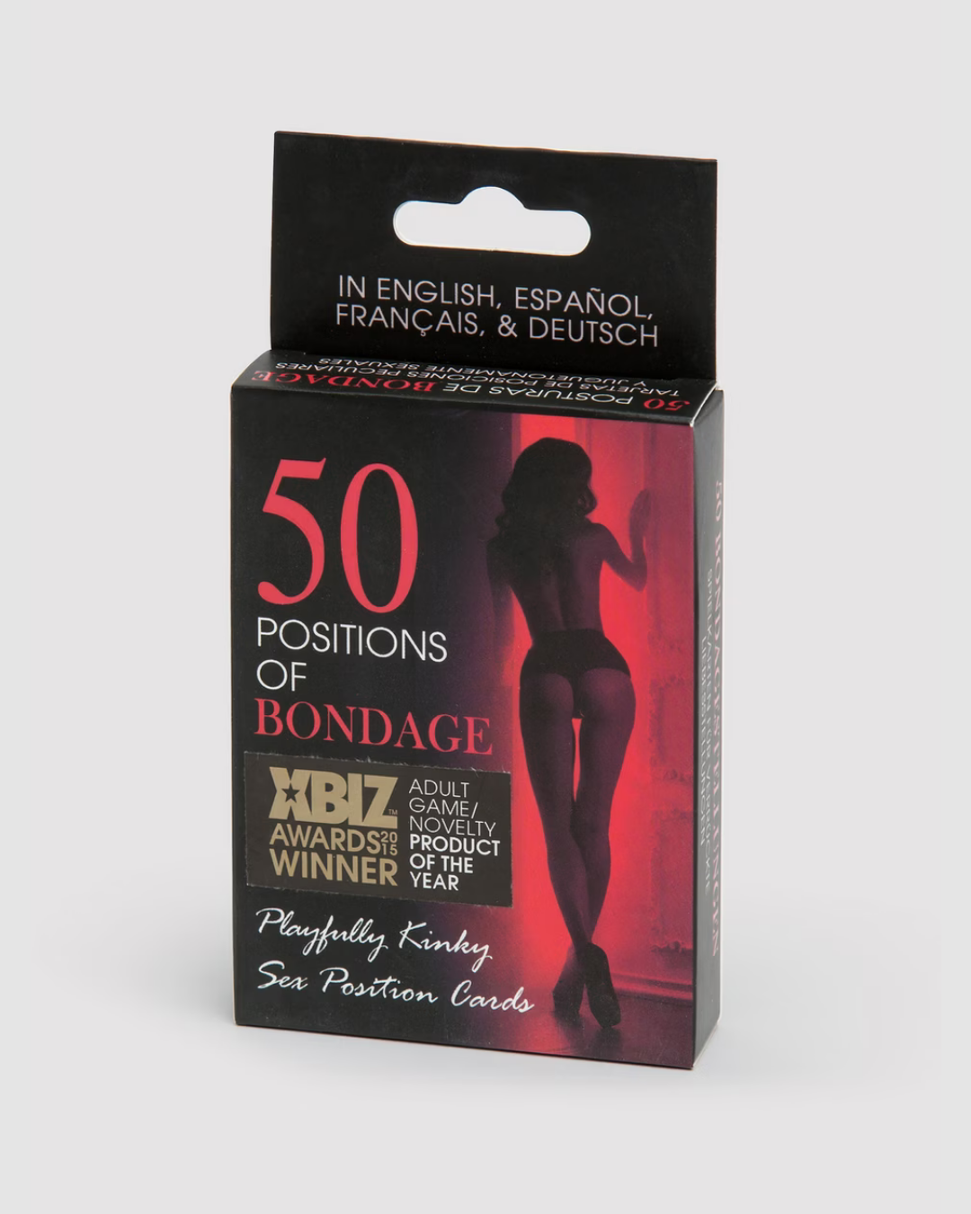 Kheper Games bondage playing cards featuring 50 kinky challenge positions for fun and fantasy with a lover, shown in the image.